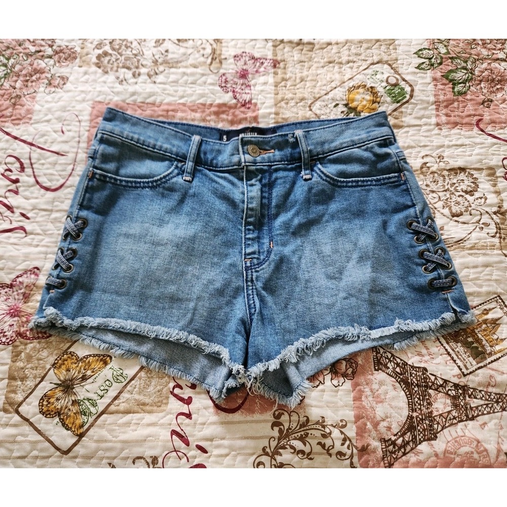 Hollister High Rise Short Shorts Medium Wash Size 5/27 Lace Up Sides Cutoffs